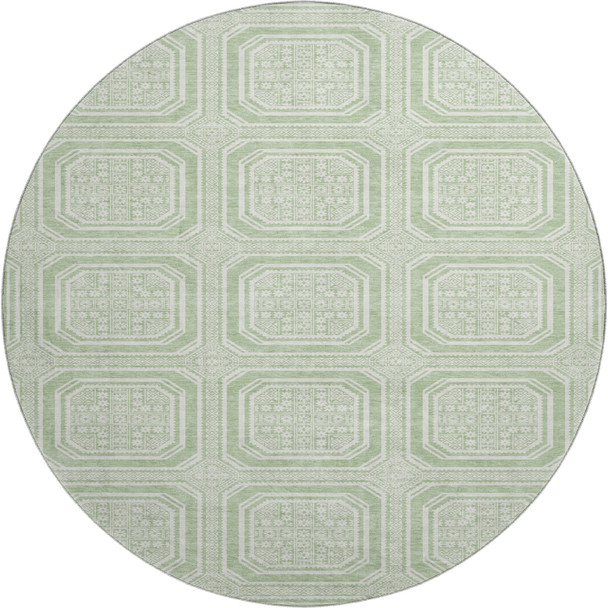 8' X 8' Mint Green And Ivory Geometric Washable Round Rug With UV Protection