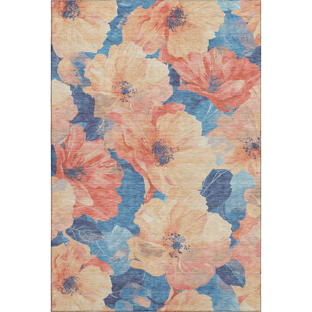 5' X 8' Peach And Blue Floral Washable Area Rug With UV Protection