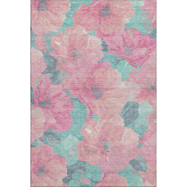 5' X 8' Pink And Teal Floral Washable Area Rug With UV Protection