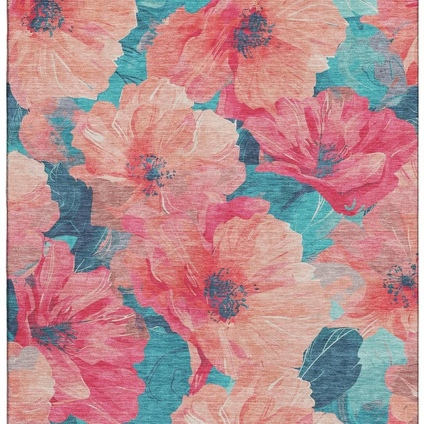 3' X 5' Salmon And Teal Floral Washable Area Rug With UV Protection