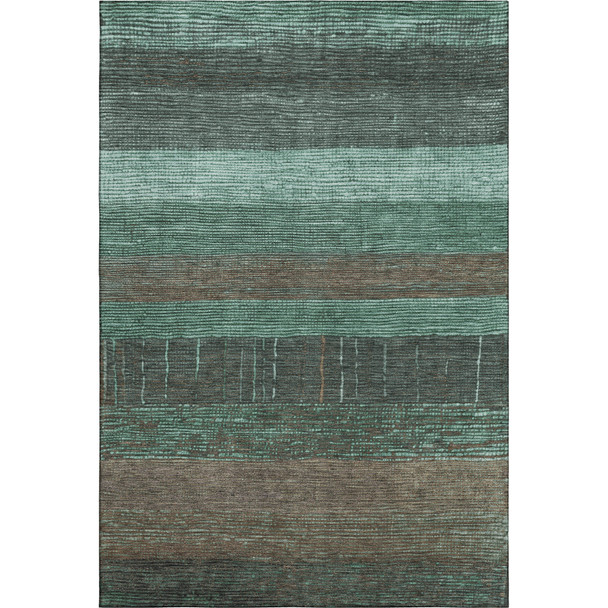 9' X 12' Teal Taupe And Sage Striped Washable Area Rug With UV Protection