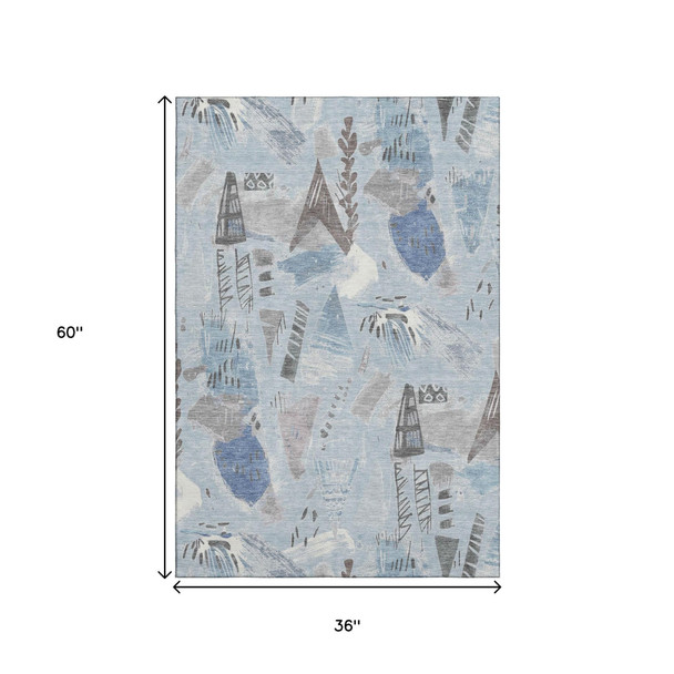 3' X 5' Sky Blue Taupe And Ivory Geometric Washable Area Rug With UV Protection
