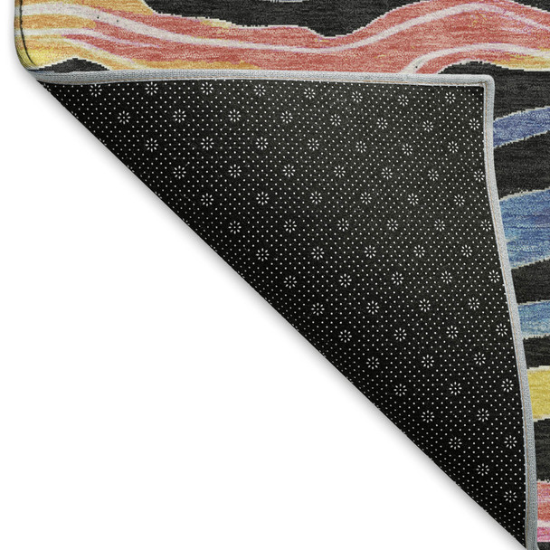 8' X 8' Black Yellow Blue And Pink Striped Washable Round Rug With UV Protection