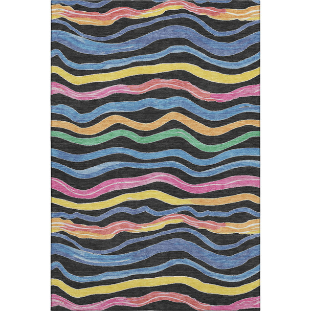 8' Black Yellow Blue And Pink Striped Washable Area Rug With UV Protection