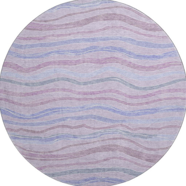 8' X 8' Lavender Ivory And Lilac Striped Washable Round Rug With UV Protection