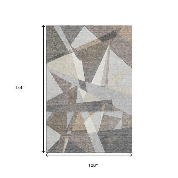 9' X 12' Taupe Ivory And Gray Geometric Washable Area Rug With UV Protection