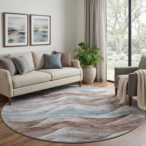 8' X 8' Coffee Blue And Ivory Abstract Washable Round Rug With UV Protection