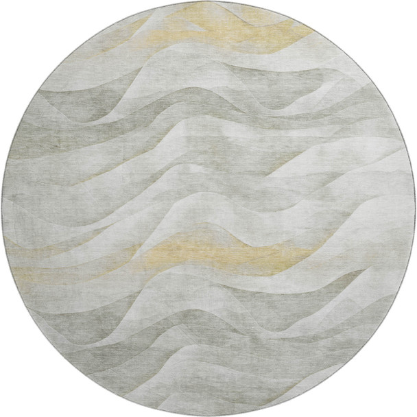 8' X 8' Silver Gold And Ivory Abstract Washable Round Rug With UV Protection