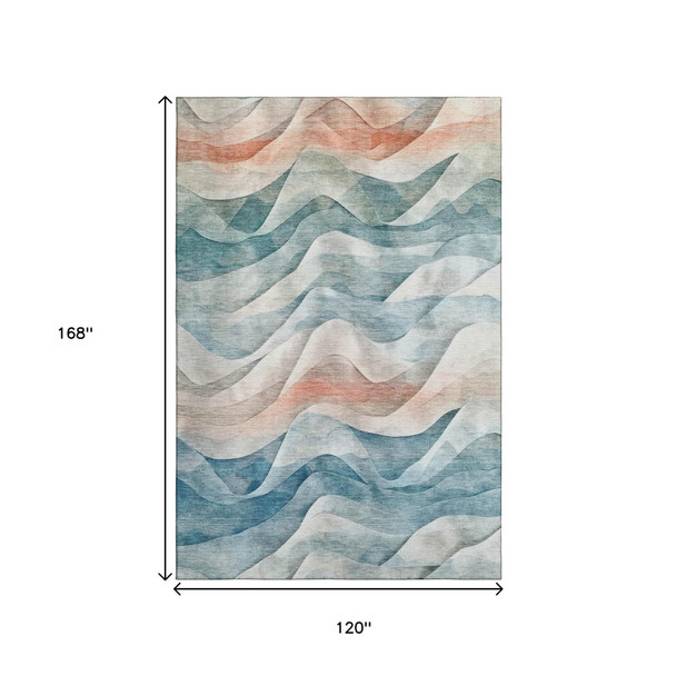 10' X 14' Teal Peach And Ivory Abstract Washable Area Rug With UV Protection