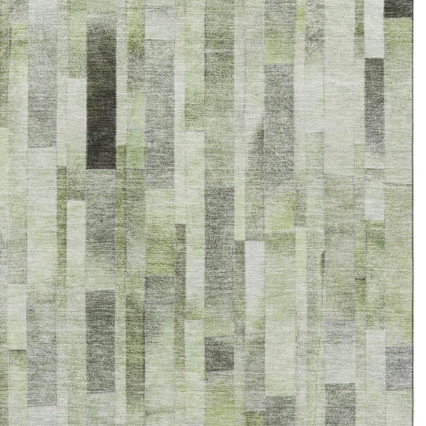 9' X 12' Green Gray And Ivory Striped Washable Area Rug With UV Protection
