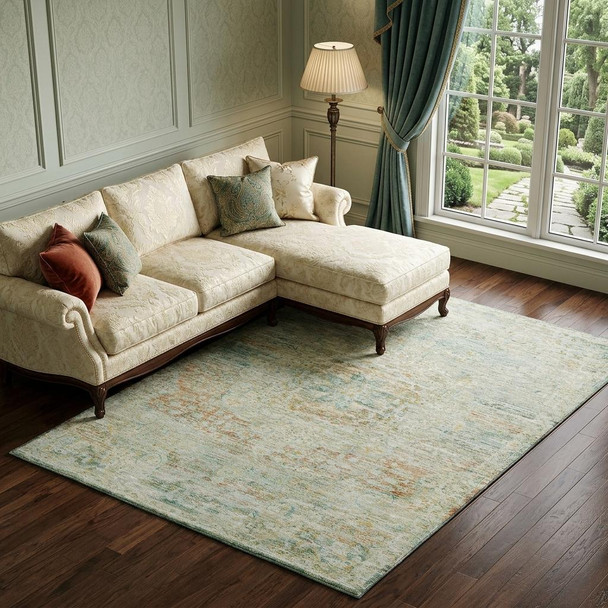 10' X 14' Sage Blue And Copper Floral Medallion Washable Area Rug With UV Protection