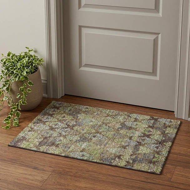 3' X 5' Brown Green And Gray Ikat Washable Area Rug With UV Protection