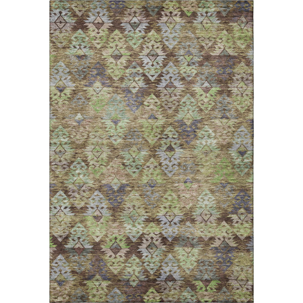 9' X 12' Brown Green And Gray Ikat Washable Area Rug With UV Protection