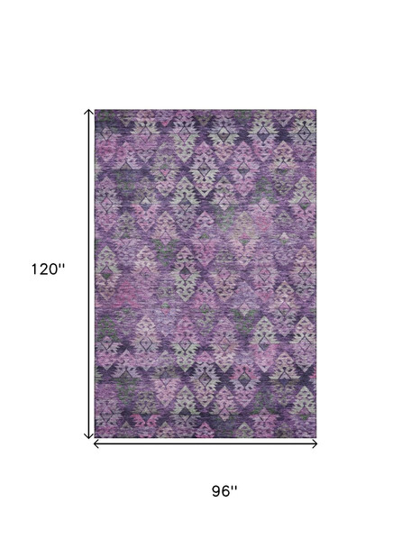 8' X 10' Eggplant Lavender And Gray Ikat Washable Area Rug With UV Protection