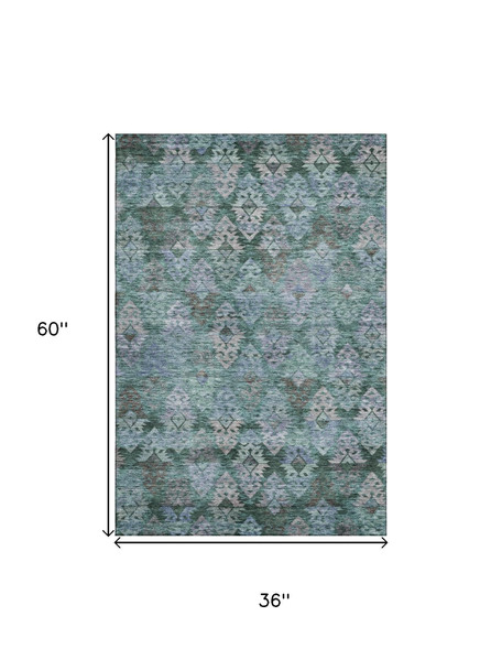 3' X 5' Emerald Teal And Gray Ikat Washable Area Rug With UV Protection