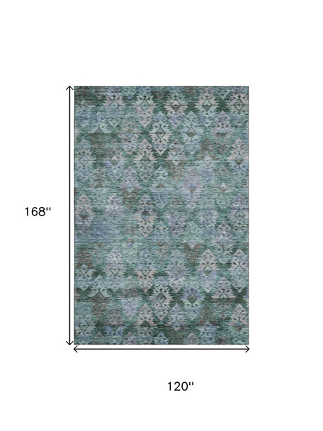 10' X 14' Emerald Teal And Gray Ikat Washable Area Rug With UV Protection