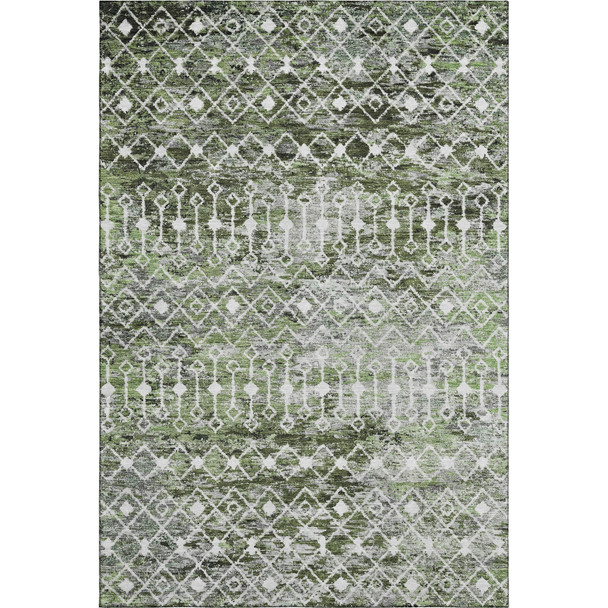 5' X 8' Olive Green Ivory And Gray Geometric Washable Area Rug With UV Protection