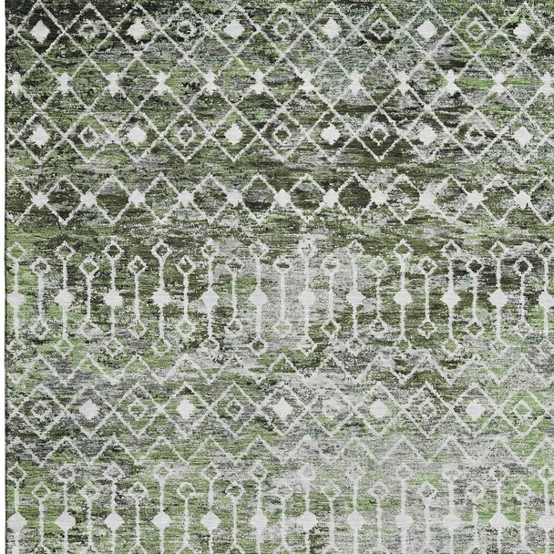 9' X 12' Olive Green Ivory And Gray Geometric Washable Area Rug With UV Protection