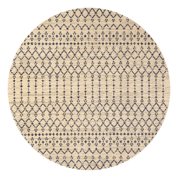 6' Beige And Navy Blue Round Trellis Indoor Outdoor Area Rug