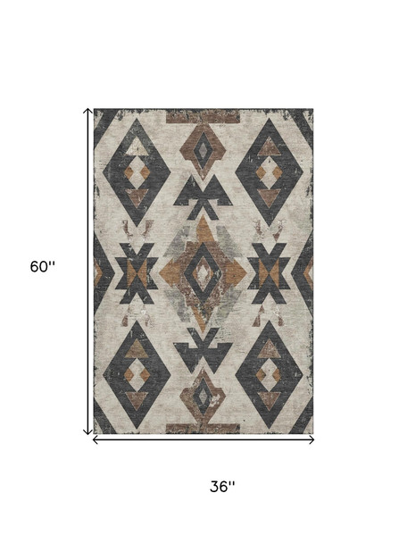 3' X 5' Beige And Charcoal Southwestern Washable Area Rug With UV Protection