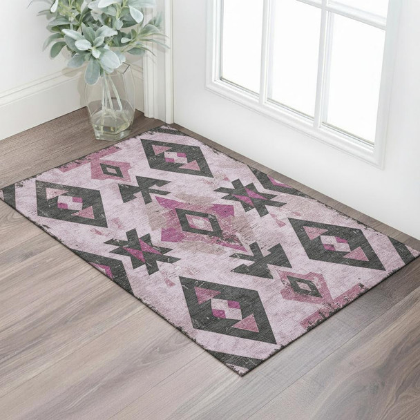 3' X 5' Pink And Charcoal Southwestern Washable Area Rug With UV Protection