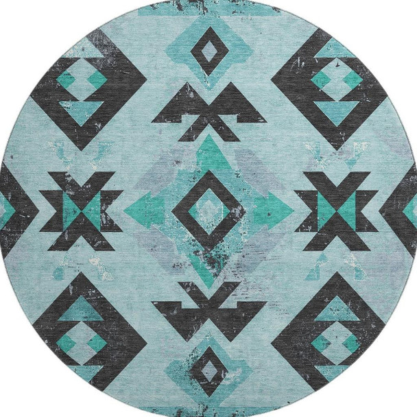 8' Teal And Charcoal Southwestern Washable Round Rug With UV Protection