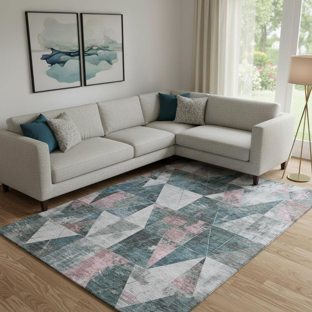 10' X 14' Pale Aqua And Coral Geometric Washable Area Rug With UV Protection