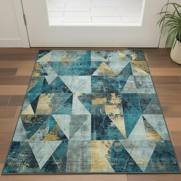 3' X 5' Teal And Gold Geometric Washable Area Rug With UV Protection
