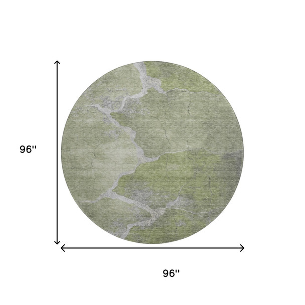 8' Green And Gray Abstract Washable Round Rug With UV Protection