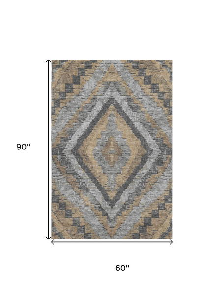 5' X 8' Khaki Charcoal And Gray Diamond Washable Area Rug With UV Protection