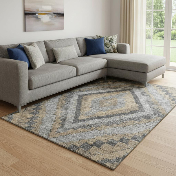 8' X 10' Khaki Charcoal And Gray Diamond Washable Area Rug With UV Protection