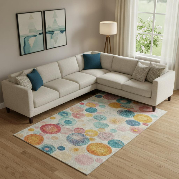 9' X 12' Beige Teal And Orange Geometric Washable Area Rug With UV Protection