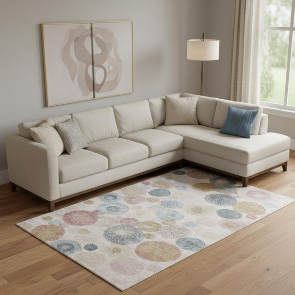 9' X 12' Blush Beige And Blue Geometric Washable Area Rug With UV Protection