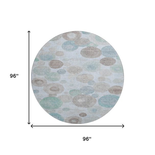 8' Sky Blue Beige And Brown Geometric Washable Round Rug With UV Protection