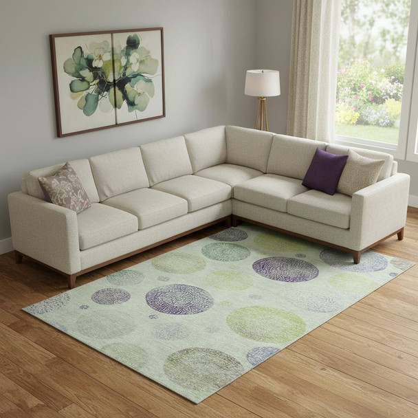 10' X 14' Artichoke Green And Purple Geometric Washable Area Rug With UV Protection
