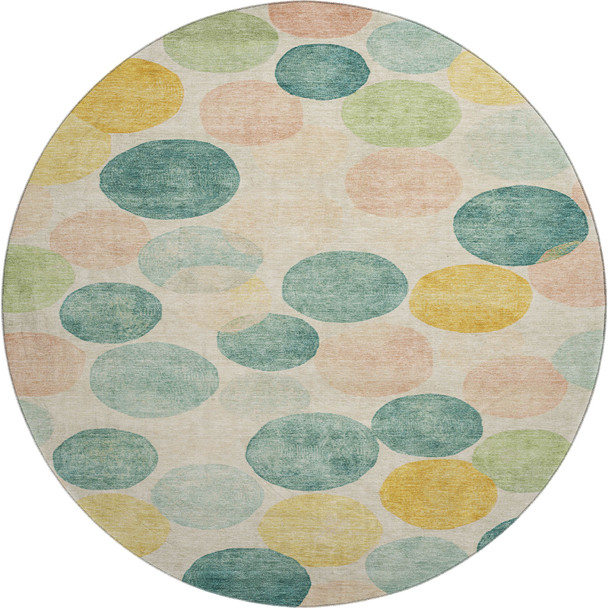 8' Teal Yellow And Coral Geometric Washable Round Rug With UV Protection