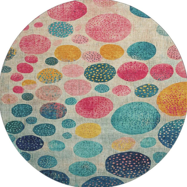 8' Teal Pink And Gold Geometric Washable Round Rug With UV Protection