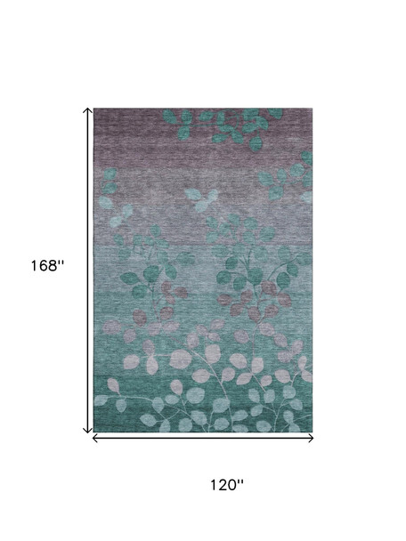 10' X 14' Teal And Gray Floral Washable Area Rug With UV Protection