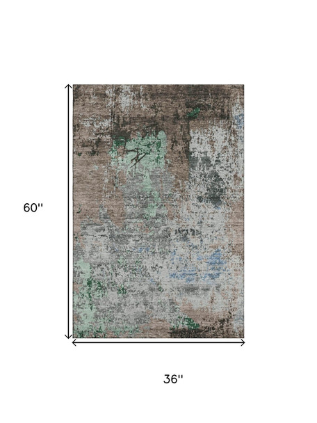 3' X 5' Taupe Brown And Ivory Abstract Washable Area Rug With UV Protection