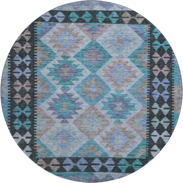 8' Teal And Charcoal Tribal Washable Round Rug With UV Protection