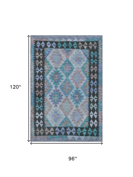 8' X 10' Teal And Charcoal Tribal Washable Area Rug With UV Protection