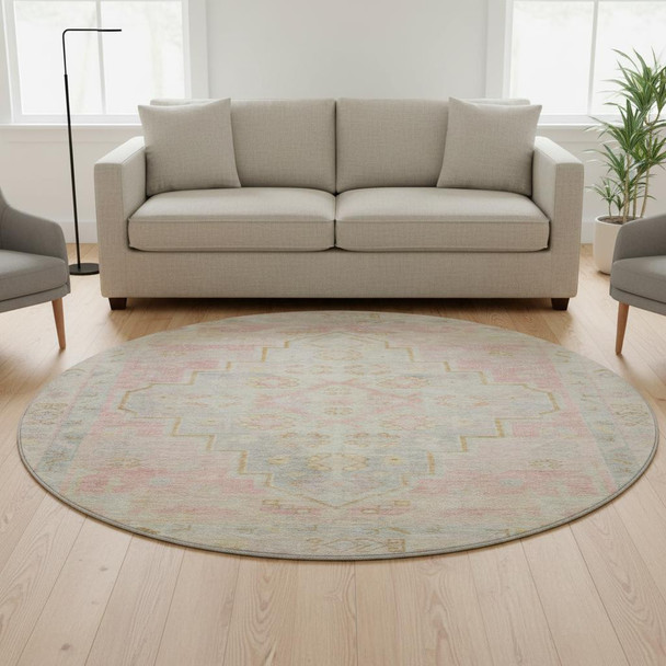 8' Pink And Gray Medallion Washable Round Rug With UV Protection