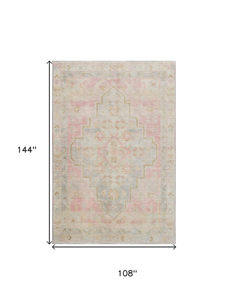 9' X 12' Pink And Gray Medallion Washable Area Rug With UV Protection