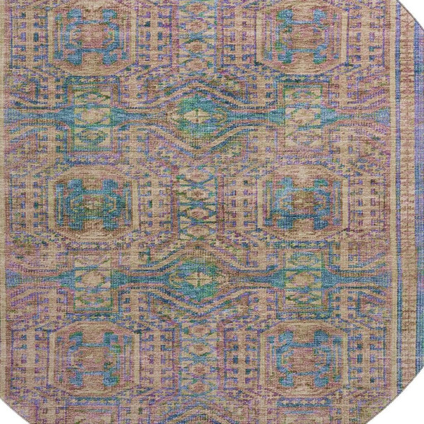 8' Orange And Teal Geometric Washable Round Rug With UV Protection