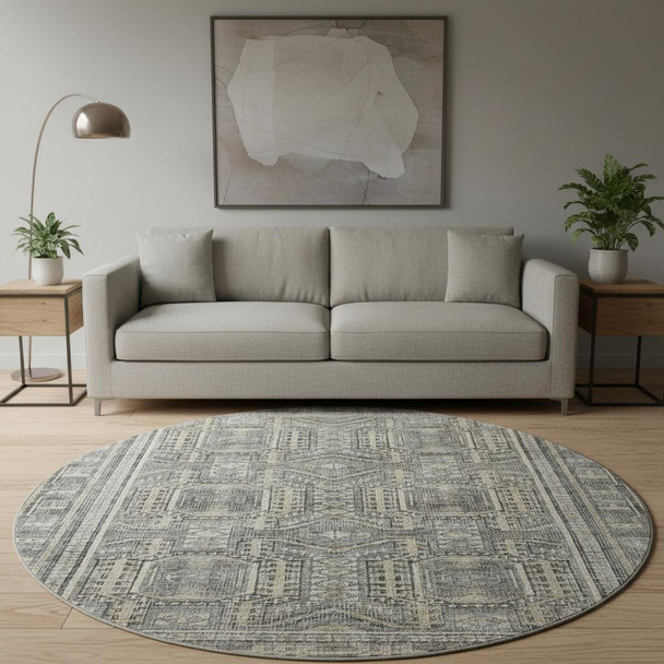 8' Pewter And Gray Geometric Washable Round Rug With UV Protection