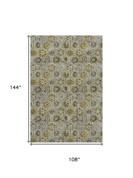 9' X 12' Pewter Gold And Gray Floral Washable Area Rug With UV Protection