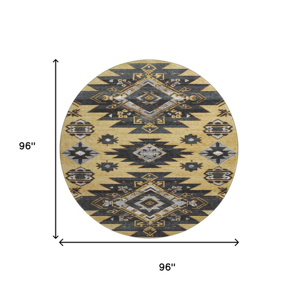 8' Gold Charcoal And Gray Tribal Washable Round Rug With UV Protection