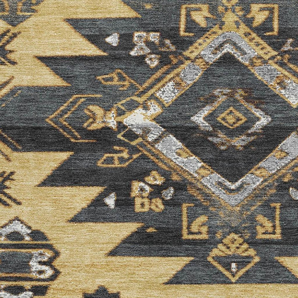 10' X 14' Gold Charcoal And Gray Tribal Washable Area Rug With UV Protection