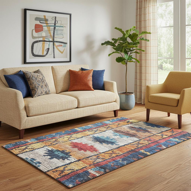 5' X 8' Navy Blue Orange And Red Tribal Washable Area Rug With UV Protection