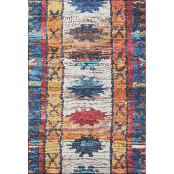 9' X 12' Navy Blue Orange And Red Tribal Washable Area Rug With UV Protection